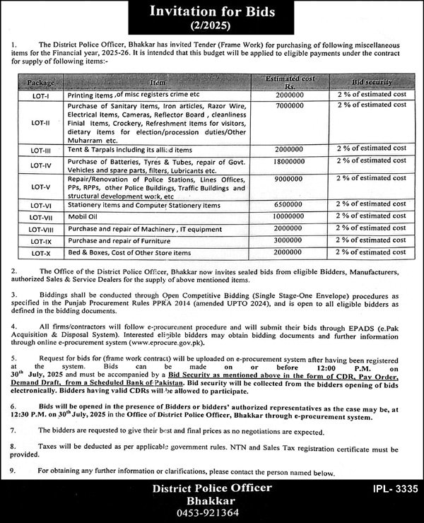 Police Department Bhakkar Tender Notice